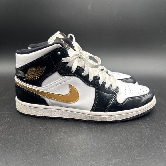 Nike Air Jordan 1 Mid Patent Black White Gold Mens 852542-007 Size 11 main image 4